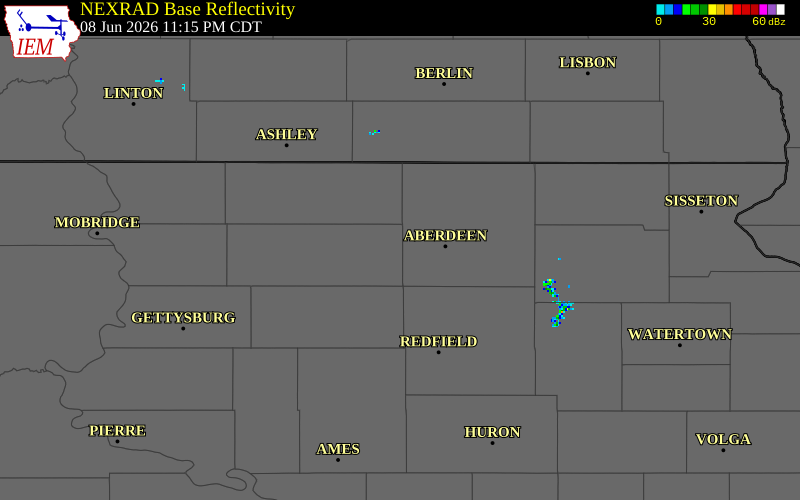 NEXRAD radar during the Monday, June 8, 2026 storm activity in Edmunds County, South Dakota
