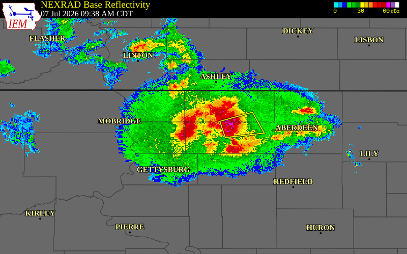 NEXRAD radar during the Tuesday, July 7, 2026 storm activity in Edmunds County, South Dakota