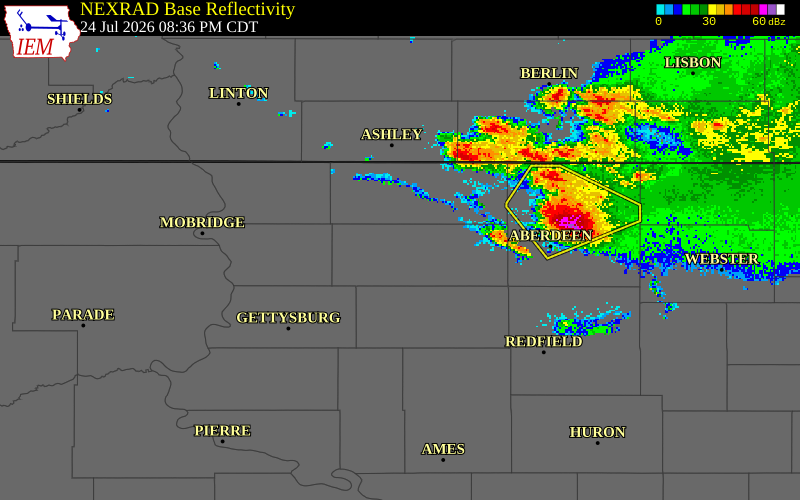 NEXRAD radar during the Friday, July 24, 2026 storm activity in Edmunds County, South Dakota