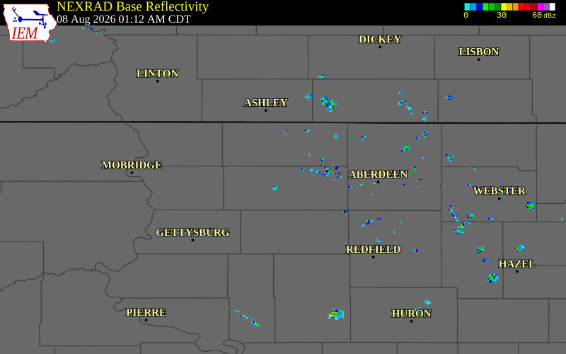 NEXRAD radar during the Saturday, August 8, 2026 storm activity in Edmunds County, South Dakota