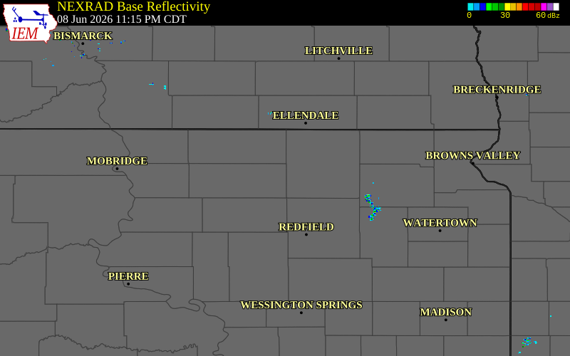 Radar snapshot during the Jun 8, 2026 wind event near 1 NE Mina, Edmunds County, South Dakota, with NWS warning polygons