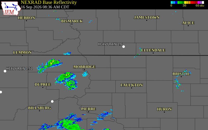 Current NEXRAD radar over Edmunds County, South Dakota with recent storm report locations
