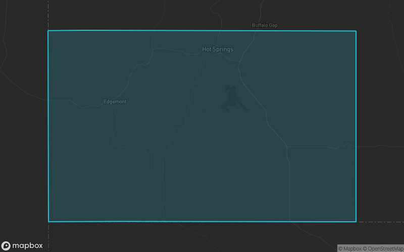 Map of Fall River County, South Dakota showing the county boundary and surrounding cities