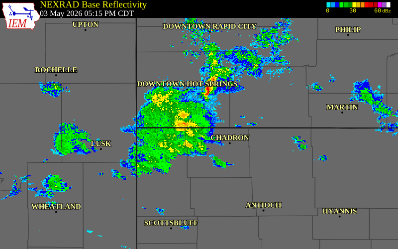 NEXRAD radar during the Sunday, May 3, 2026 storm activity in Fall River County, South Dakota