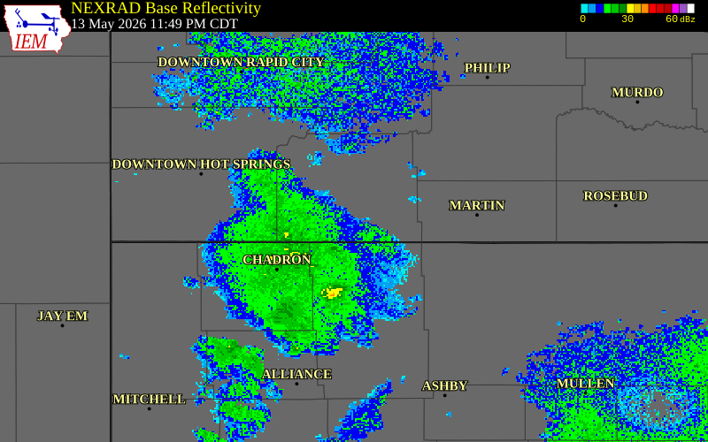 NEXRAD radar during the Wednesday, May 13, 2026 storm activity in Fall River County, South Dakota