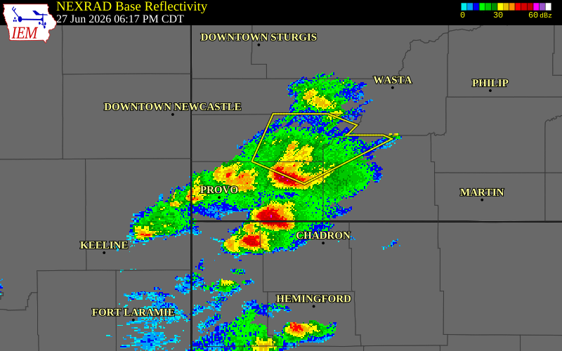 NEXRAD radar during the Saturday, June 27, 2026 storm activity in Fall River County, South Dakota