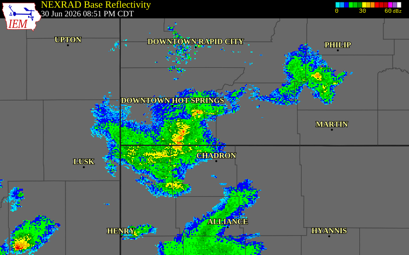 NEXRAD radar during the Tuesday, June 30, 2026 storm activity in Fall River County, South Dakota