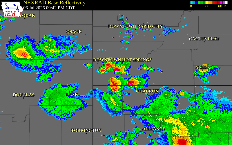 NEXRAD radar during the Monday, July 6, 2026 storm activity in Fall River County, South Dakota