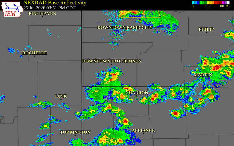 NEXRAD radar during the Saturday, July 25, 2026 storm activity in Fall River County, South Dakota