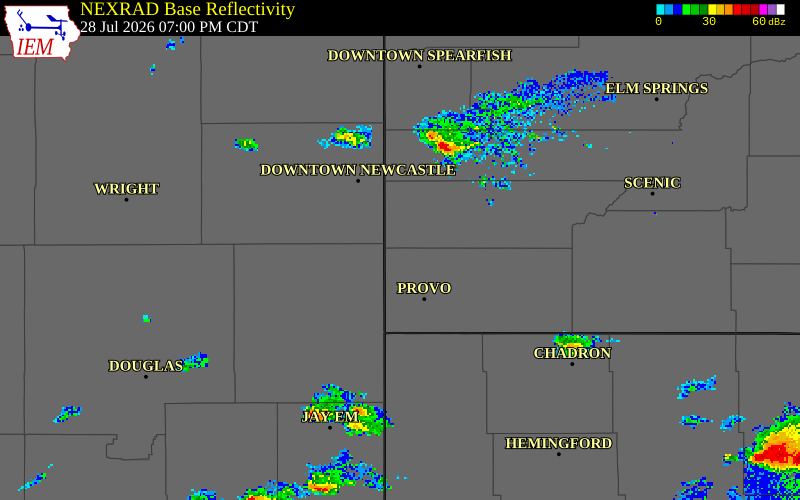 NEXRAD radar during the Tuesday, July 28, 2026 storm activity in Fall River County, South Dakota