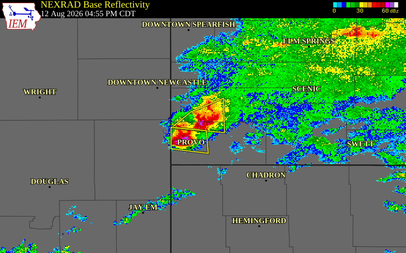 NEXRAD radar during the Wednesday, August 12, 2026 storm activity in Fall River County, South Dakota