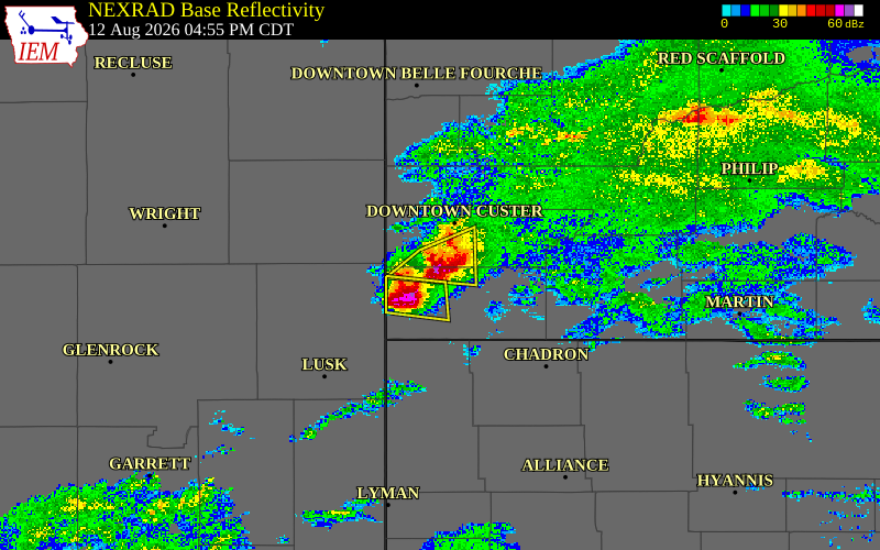 Radar snapshot during the Aug 12, 2026 hail event near 11 W Hot Springs, Fall River County, South Dakota, with NWS warning polygons
