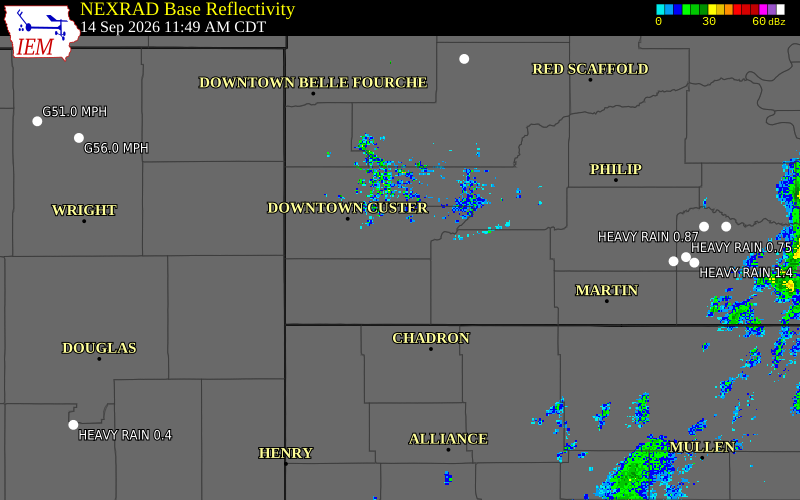 Current NEXRAD radar over Fall River County, South Dakota with recent storm report locations