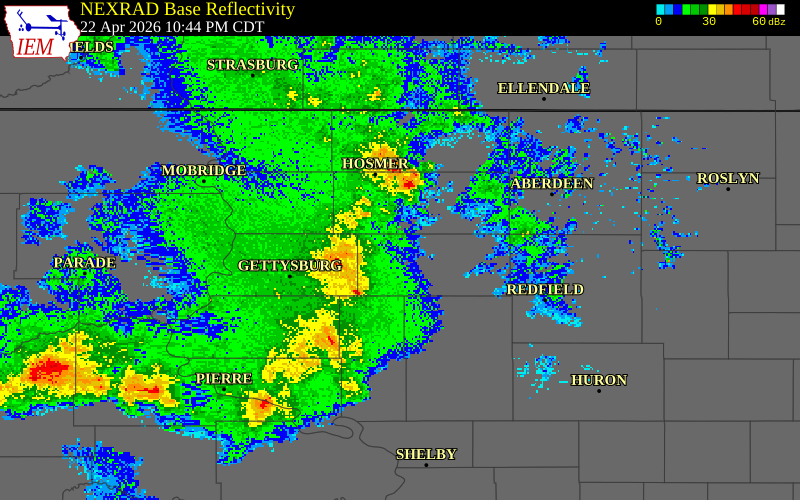 NEXRAD radar during the Wednesday, April 22, 2026 storm activity in Faulk County, South Dakota