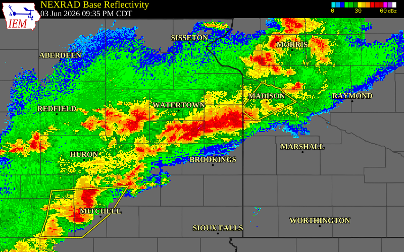 NEXRAD radar during the Wednesday, June 3, 2026 storm activity in Grant County, South Dakota
