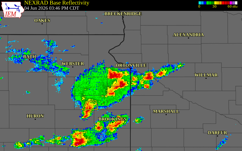 NEXRAD radar during the Thursday, June 4, 2026 storm activity in Grant County, South Dakota