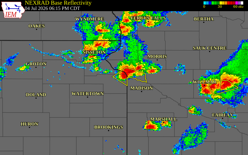 NEXRAD radar during the Saturday, July 4, 2026 storm activity in Grant County, South Dakota