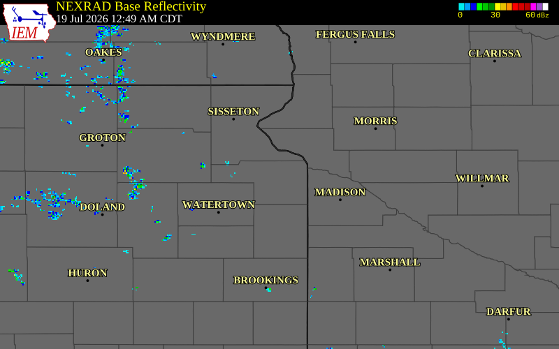 NEXRAD radar during the Sunday, July 19, 2026 storm activity in Grant County, South Dakota