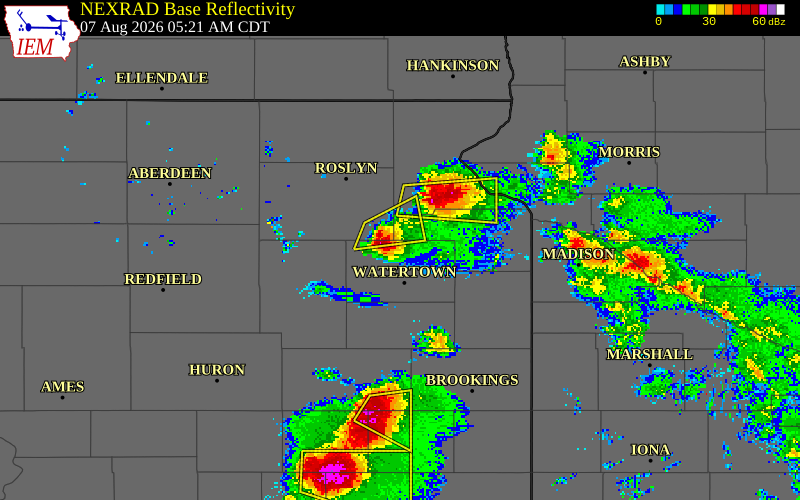 NEXRAD radar during the Friday, August 7, 2026 storm activity in Grant County, South Dakota