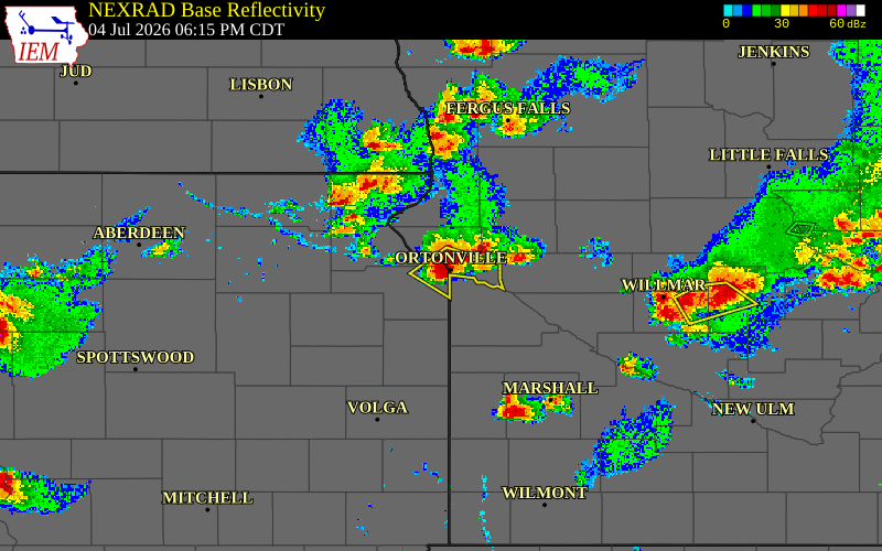 Radar snapshot during the Jul 4, 2026 wind event near 3 SW Big Stone City, Grant County, South Dakota, with NWS warning polygons