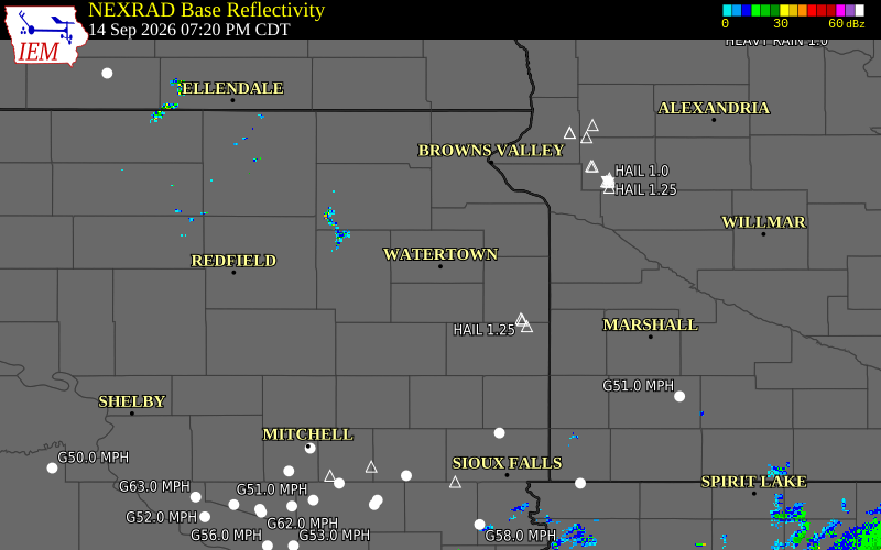 Current NEXRAD radar over Grant County, South Dakota with recent storm report locations