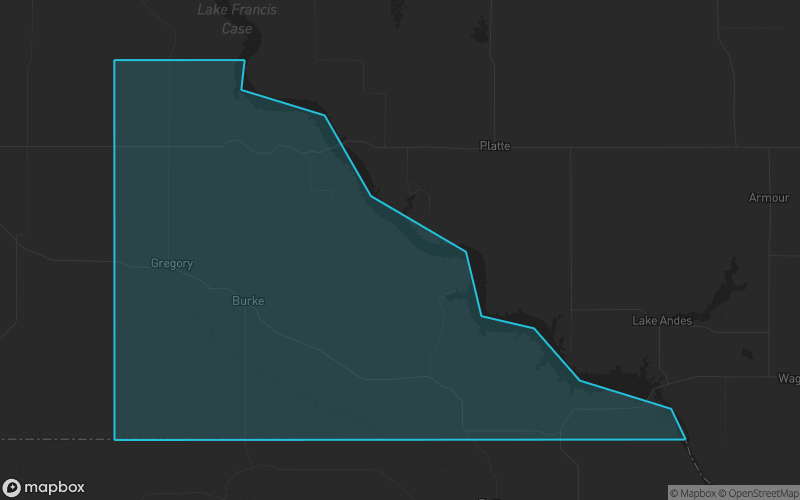 Map of Gregory County, South Dakota showing the county boundary and surrounding cities