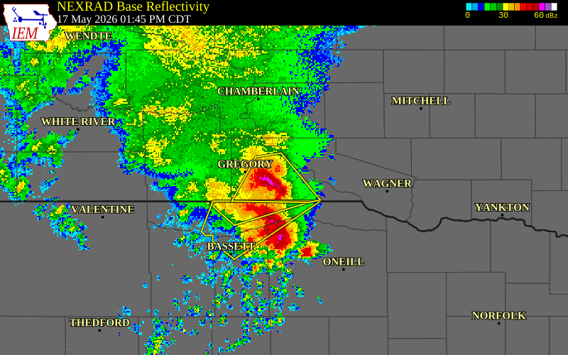 NEXRAD radar during the Sunday, May 17, 2026 storm activity in Gregory County, South Dakota