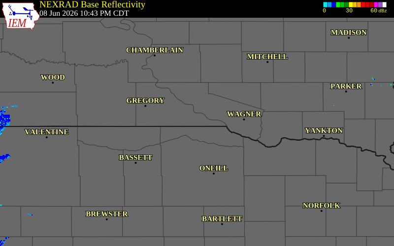 NEXRAD radar during the Monday, June 8, 2026 storm activity in Gregory County, South Dakota