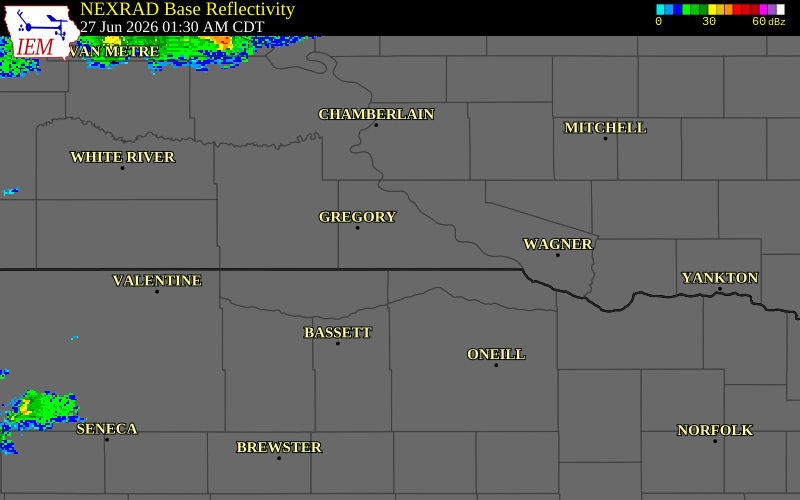 NEXRAD radar during the Saturday, June 27, 2026 storm activity in Gregory County, South Dakota