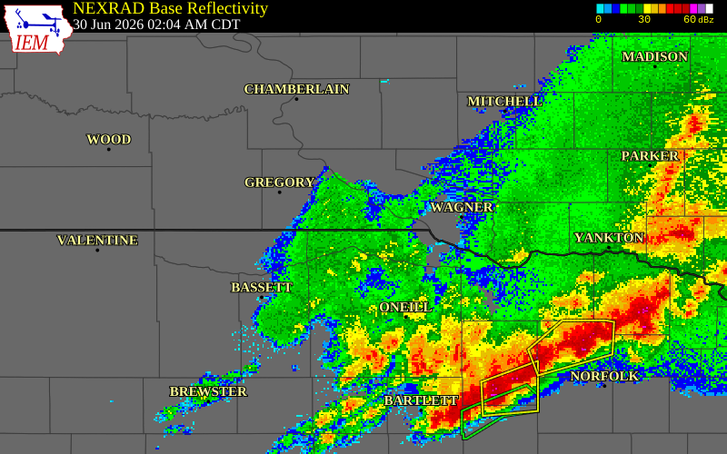 NEXRAD radar during the Tuesday, June 30, 2026 storm activity in Gregory County, South Dakota