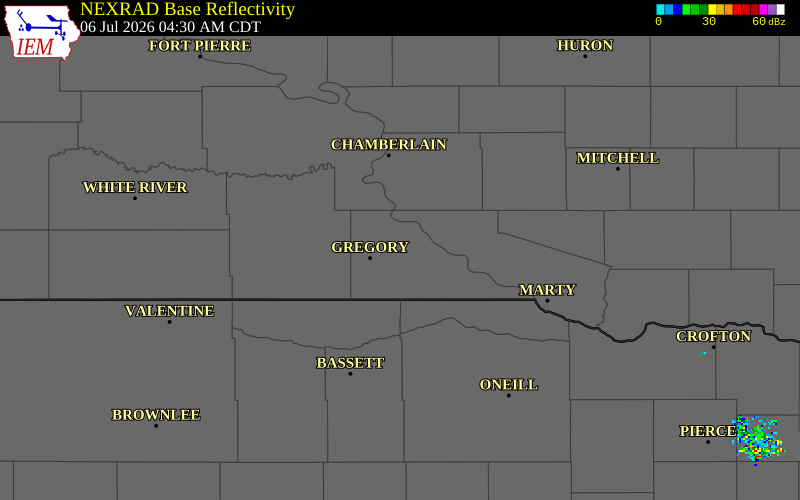 NEXRAD radar during the Monday, July 6, 2026 storm activity in Gregory County, South Dakota