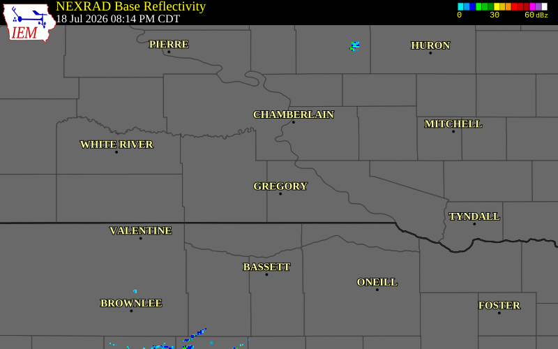 NEXRAD radar during the Saturday, July 18, 2026 storm activity in Gregory County, South Dakota