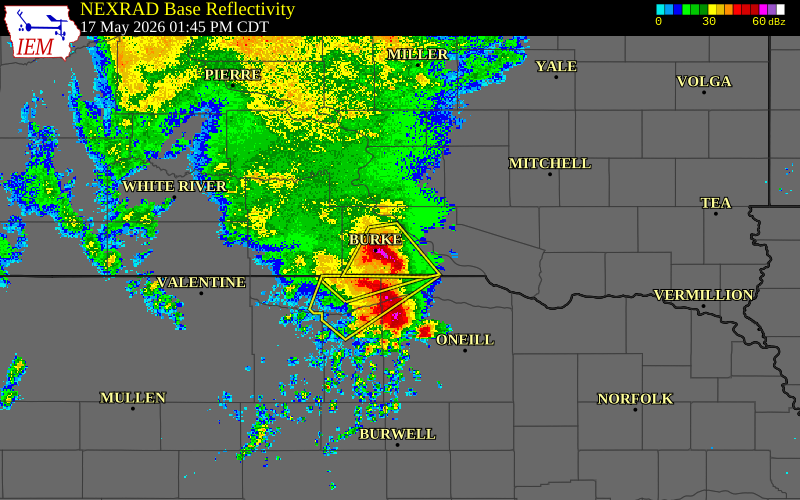 Radar snapshot during the May 17, 2026 wind event near 6 NNE Herrick, Gregory County, South Dakota, with NWS warning polygons