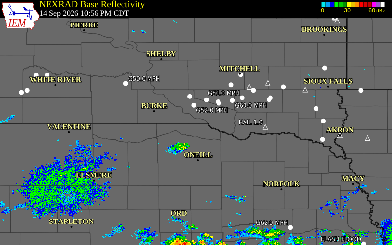 Current NEXRAD radar over Gregory County, South Dakota with recent storm report locations