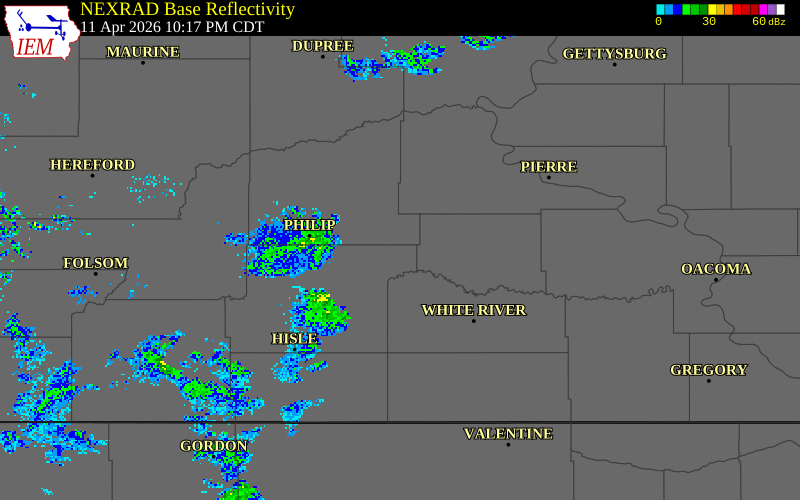 NEXRAD radar during the Saturday, April 11, 2026 storm activity in Haakon County, South Dakota