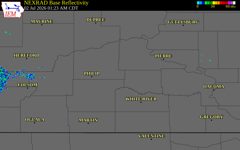 NEXRAD radar during the Thursday, July 2, 2026 storm activity in Haakon County, South Dakota