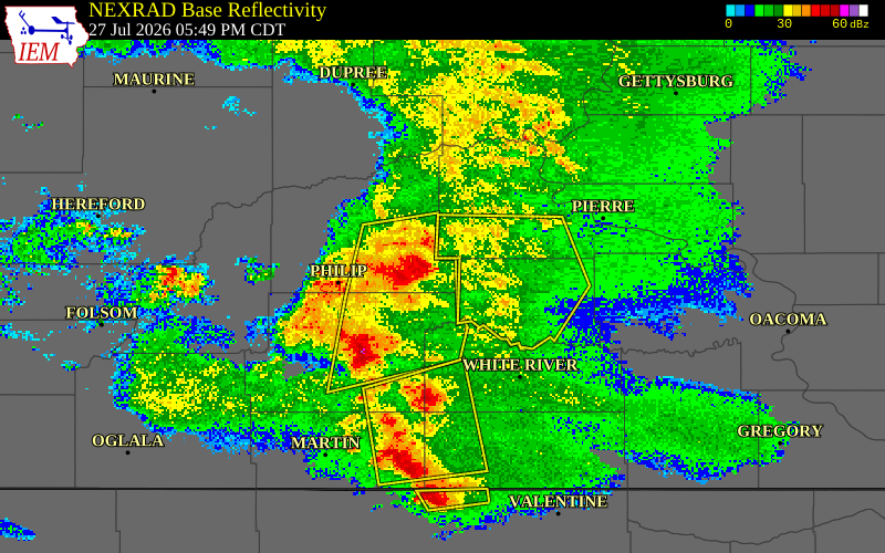 NEXRAD radar during the Monday, July 27, 2026 storm activity in Haakon County, South Dakota