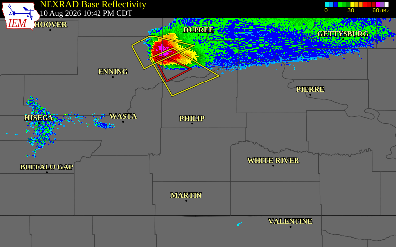 NEXRAD radar during the Monday, August 10, 2026 storm activity in Haakon County, South Dakota