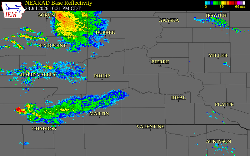Radar snapshot during the Jul 28, 2026 wind event near 1 NE Midland, Haakon County, South Dakota, with NWS warning polygons
