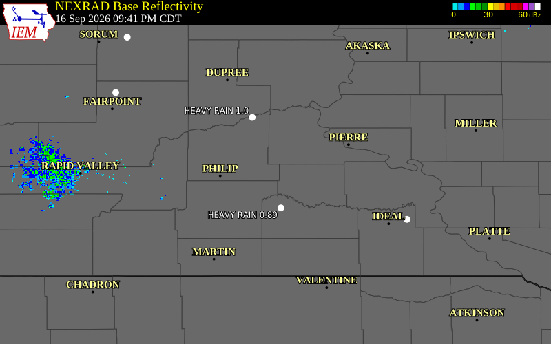 Current NEXRAD radar over Haakon County, South Dakota with recent storm report locations
