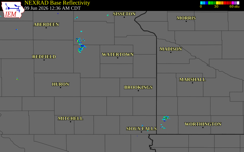 NEXRAD radar during the Tuesday, June 9, 2026 storm activity in Hamlin County, South Dakota