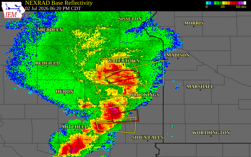 NEXRAD radar during the Thursday, July 2, 2026 storm activity in Hamlin County, South Dakota