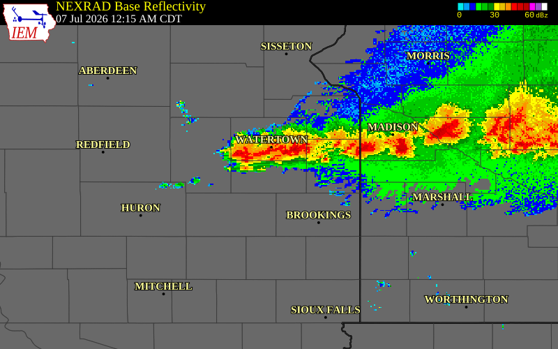 NEXRAD radar during the Tuesday, July 7, 2026 storm activity in Hamlin County, South Dakota