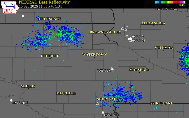 Current NEXRAD radar over Hamlin County, South Dakota with recent storm report locations
