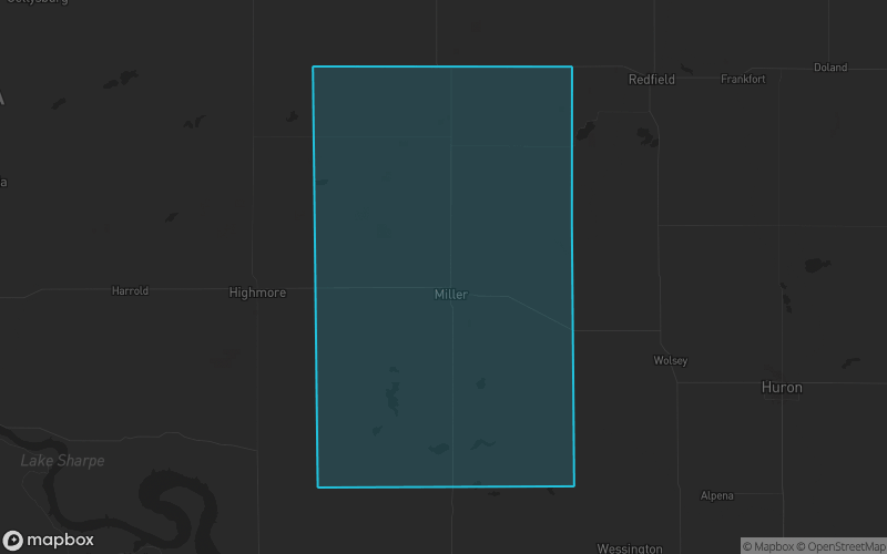 Map of Hand County, South Dakota showing the county boundary and surrounding cities