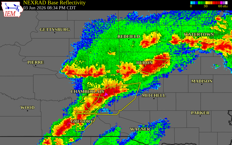 NEXRAD radar during the Wednesday, June 3, 2026 storm activity in Hand County, South Dakota