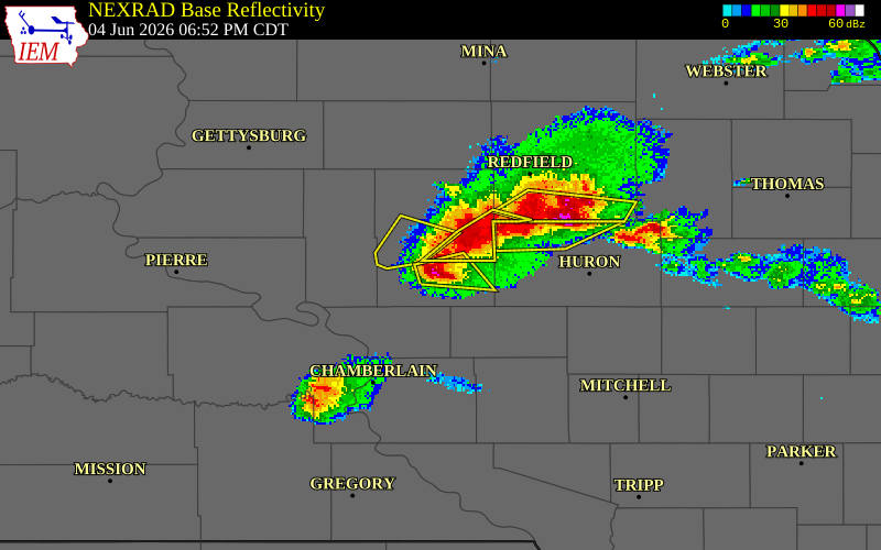 NEXRAD radar during the Thursday, June 4, 2026 storm activity in Hand County, South Dakota