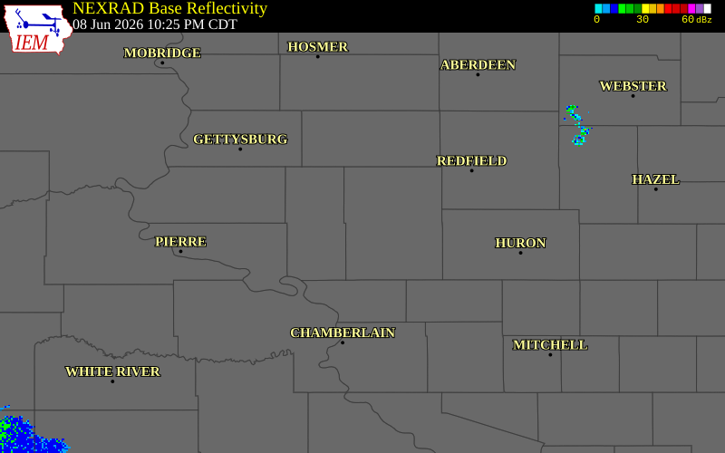 NEXRAD radar during the Monday, June 8, 2026 storm activity in Hand County, South Dakota