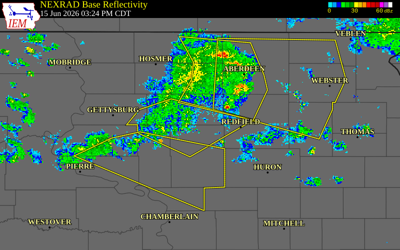 NEXRAD radar during the Monday, June 15, 2026 storm activity in Hand County, South Dakota