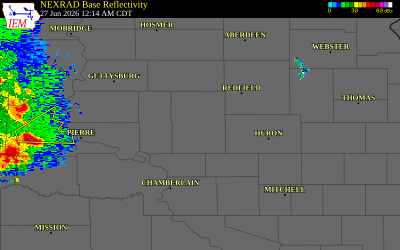 NEXRAD radar during the Saturday, June 27, 2026 storm activity in Hand County, South Dakota